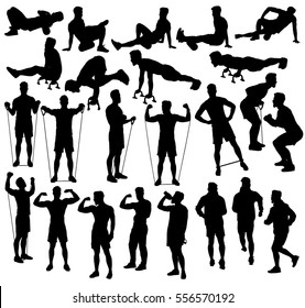 Collection of different exercise silhouettes with resistance bands, foam roller and push up bars.  Easy editable layered vector illustration. 