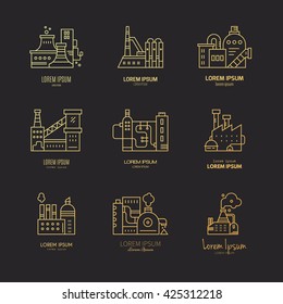 Collection of different factory logos. Industrial logotypes for your business. Vector line style art.