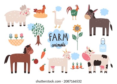 Collection of different farm animals. Cartoon cute animals. Vector illustration.