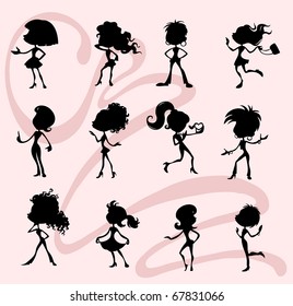 Collection of different female figures in black sillhouette