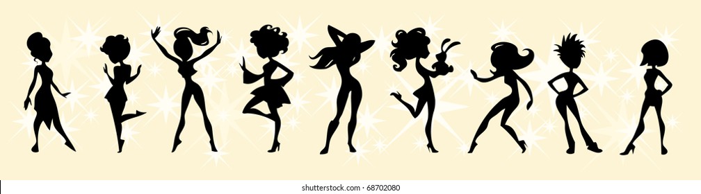 Collection of different female figures in black silhouette