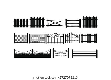 A collection of different fence and gate designs for landscaping and architectural purposes