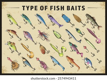 A collection of different fish baits arranged in rows showcasing various shapes and colors on a textured background. Each bait has a unique hook design highlighting their use in fishing.