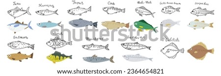 Collection of different fish. Flat and outline design. Hand drawn icons. Organic healthy food. Hand drawn vector illustrations on white background.