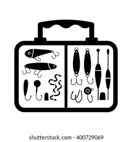 A collection of different fishing gear, designed in a modern style flat vector silhouette. The float, gear, float, rod, fisherman equipment in the box.  collections of fishing tackle.