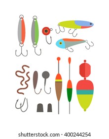 A collection of different fishing gear, made in a modern flat style vector. The float, gear, floating, rod, fisherman equipment. Open symbols activities. Vector collection of fishing tackle.