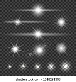 Collection of different flare light effects on transparent background. Vector illustration