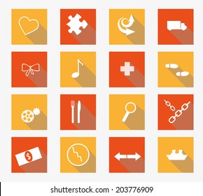 collection of different flat white icons with shadow on yellow and red background - hearth, puzzle, arrows, car, foot step, money, chain, ship, bow, etc.
