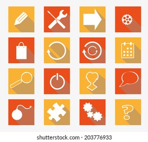 collection of different flat white icons with shadow on yellow and red background - pencil, tools, arrows, calendar, puzzle, question mark, speak bubble, etc.