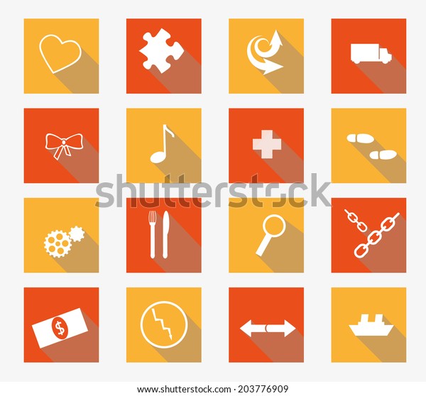 collection of different flat white icons\
with shadow on yellow and red background - hearth, puzzle, arrows,\
car, foot step, money, chain, ship, bow,\
etc.