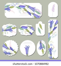 Collection with different floral paper labels for  announcements. Round,square,rectangular, different shapes. Bluebells and wild flowers.