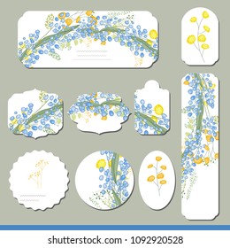 Collection with different floral paper labels for  announcements. Round,square,rectangular, different shapes. Spring flowers