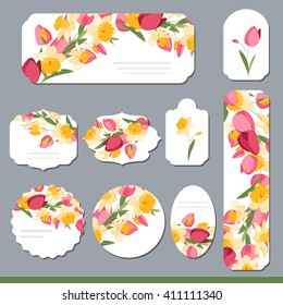 Collection with different floral paper labels for  announcements. Round,square,rectangular, different shapes. Red,yellow and pink flowers. Tulips and daffodils