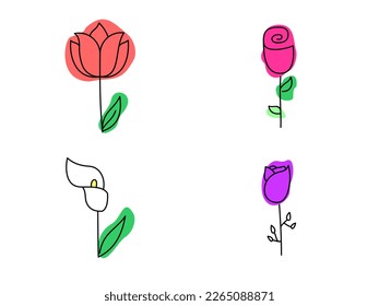 Collection of different flowers, abstract shapes. Round, abstract shapes, lines, floral. Minimalist style. Vector stock image. Line art. Modern hand drawn pictures.