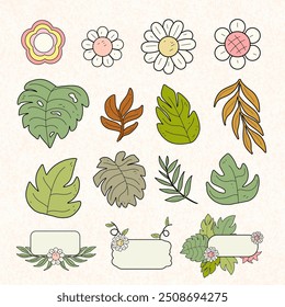 a collection of different flowers and leaves 