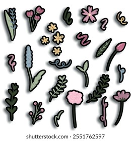 a collection of different flowers and leavesdoodle style pastel color collection of stickers	