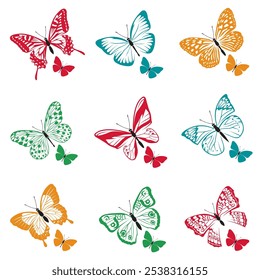 collection of different flying butterflies isolated on white background