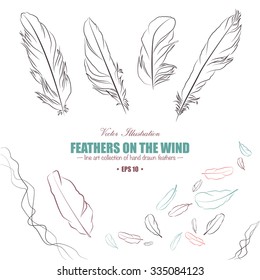 Collection of different flying feathers. Set of line art elements for your own design.