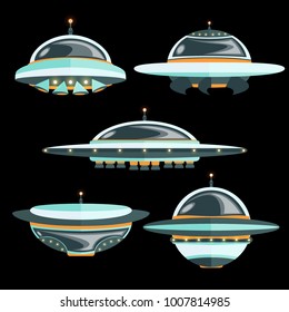 A collection of different flying saucers with burning flashing beacons. Space travel. Vector flat illustration, isolated on white background.