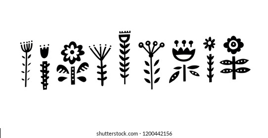 Collection of different folk art elements made in vector. Unique isolated drawings with nordic motives.