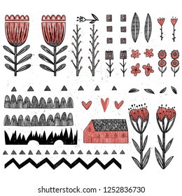 Collection of different folk art elements made in vector. Isolated drawings can be used in fabric design, decorative paper, wrapping, envelope, web design. Scandinavian style. Vector illustration.