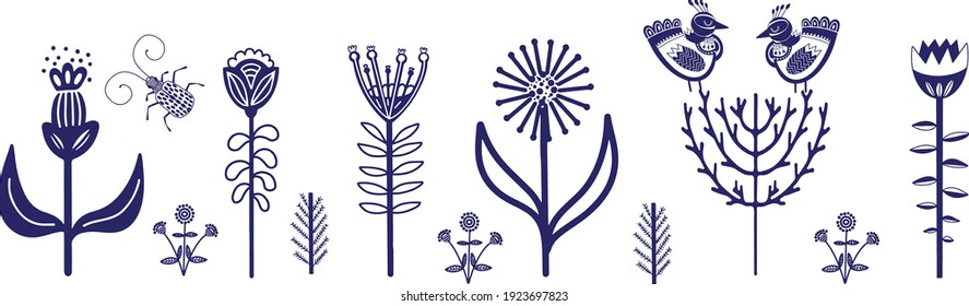 Collection of different folk art elements made in vector. Unique isolated drawings with nordic motives. Folks flowers and birds.