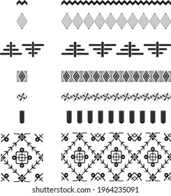 Collection of different folk art elements made in vector. Unique isolated drawings with nordic motives. Scandi ornaments, lace, embroidery