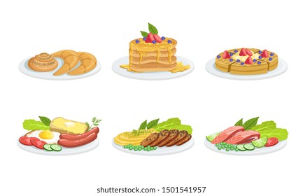 Collection of Different Food Dishes Set, Delicious Freshly cooked Served Food, Cafe. Restaurant Menu Design Elements Vector Illustration.