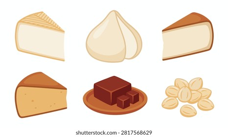 A collection of different food products such as cheese wedges, a garlic bulb, chocolate squares, and shelled nuts.