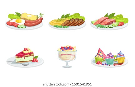 Collection of Different Food Set, Delicious Served Food and Desserts, Cafe. Restaurant Menu Design Elements. Vector Illustration