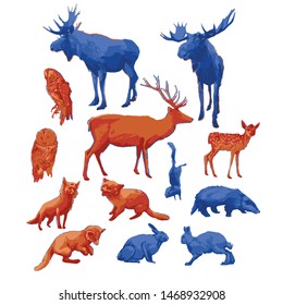 Collection of different forest animals isolated on white background. Vector illustration drawn with rough brush in contrast colors