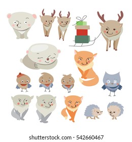 Collection of different forest winter animals. Childish, cute style.