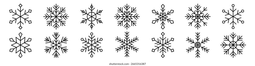 Collection of different form snowflakes vector icon. Winter frost crystal snowflake icon 