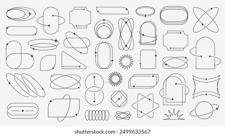 Collection of different frames with stars. Minimalistic linear frames, arches, elements, geometric shapes and lines. Aesthetic frames for poster design, vector set in modern style.