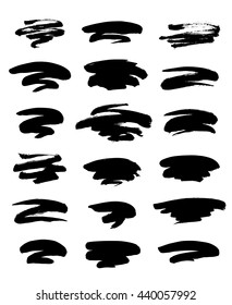 Collection of different freeform black grunge brush strokes isolated over white background. Set of design elements. Vector illustration.