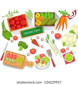 Collection Of Different Fresh Organic Vegetables. Illustration With Farm Grown Eco Products