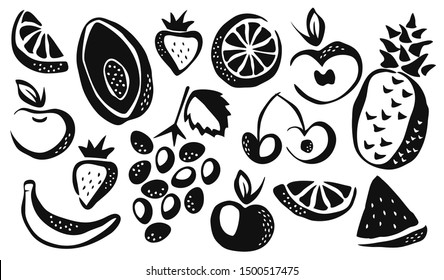 Collection of different fruits drawing hand painted with ink brush isolated on white background. Vector illustration