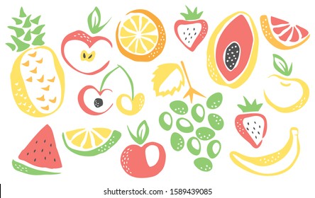 Collection of different fruits drawing hand painted with ink brush isolated on white background. Vector illustration