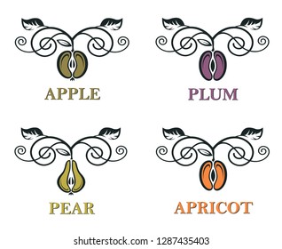 collection of different fruits emblems, apple, plum, pear, apricot