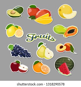 Collection of different fruits stickers isolated on gray background. 