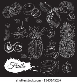 Collection of different fruits. White whole and sliced elemets  on black background. Hand drawn sketch. Vector illustration.