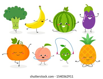 Collection with different funny cartoon fruit and vegetable characters leading sporty lifestyle. Vector flat illustration isolated on white background 