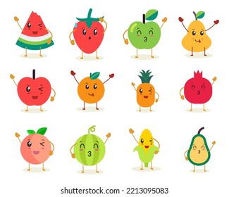 Collection of different funny cartoon fruits with happy faces. Flat vector illustration.