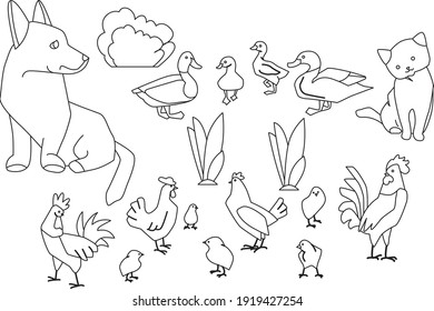 Collection with different funny cats, dogs and domestic birds. Illustration can be used for coloring book.