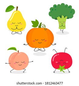 Collection of different funny fruit and vegetable characters doing yoga complex exercises. Vector flat illustration isolated on white background