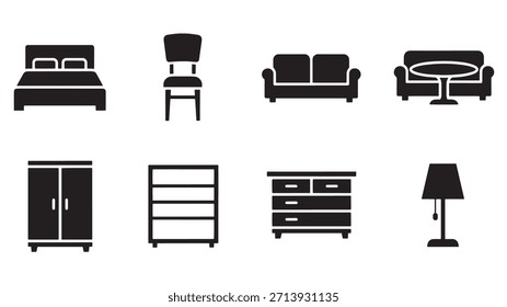 Collection of different furniture objects, bed, chair, sofa, wardrobe, cabinet, dresser and lamp shapes. Simple style vector illustration isolated on white background