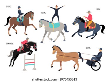Collection of different gaits of horses and equestrian sports: Dressage, Show jumping, Reining, Driving, Vaulting isolated on white background. Colorful vector illustration in flat cartoon style.