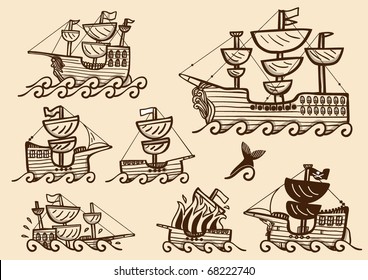 Collection of different galleons, brigs and ancient ships, in sepia color