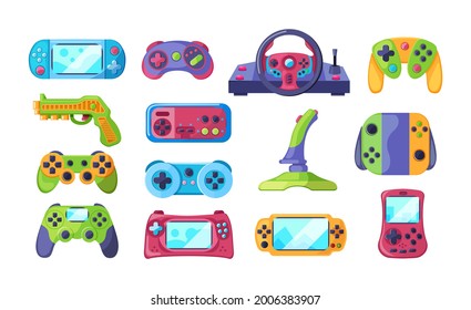 Colección de diferentes joystick de juego. Equipo de juegos de equipo de tecnología digital con botones. Consola de juego con pantalla, pistola, volante de dirección para el entretenimiento de realidad aumentada cibernética vector plano