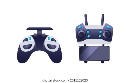 Colección de diferentes joystick de juego. Equipo de juegos de equipo de tecnología digital con botones. Consola de jugador con pantalla para el vector de animación de realidad aumentada en el ciberespacio